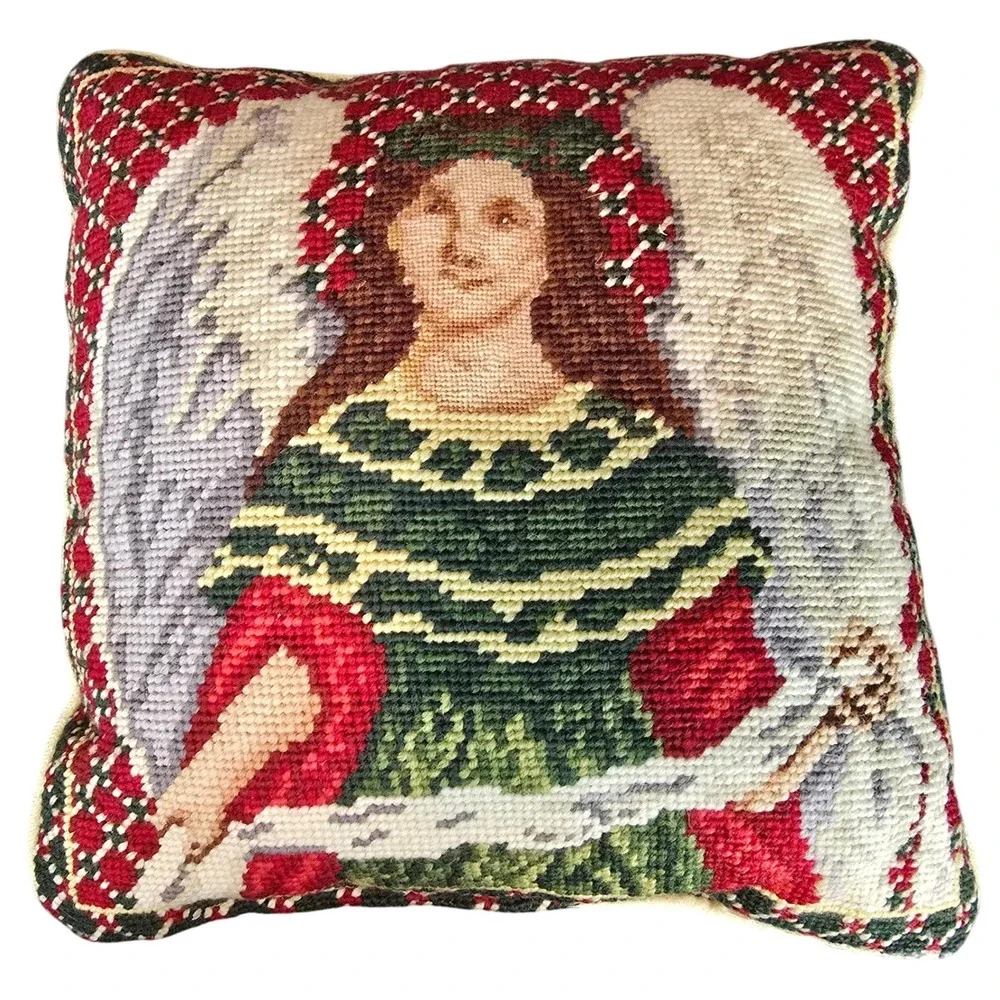 Vintage Needlepoint Angel Accent Pillow Velvet Back Christmas Holiday Decor